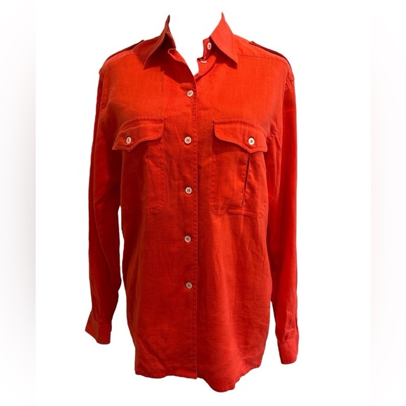 Claiborne Tops - 70s LIZ CLAIBORNE LINEN ORANGE SAFARI BLOUSE CASUAL LAGENLOOK WESTERN VIBE SZ S